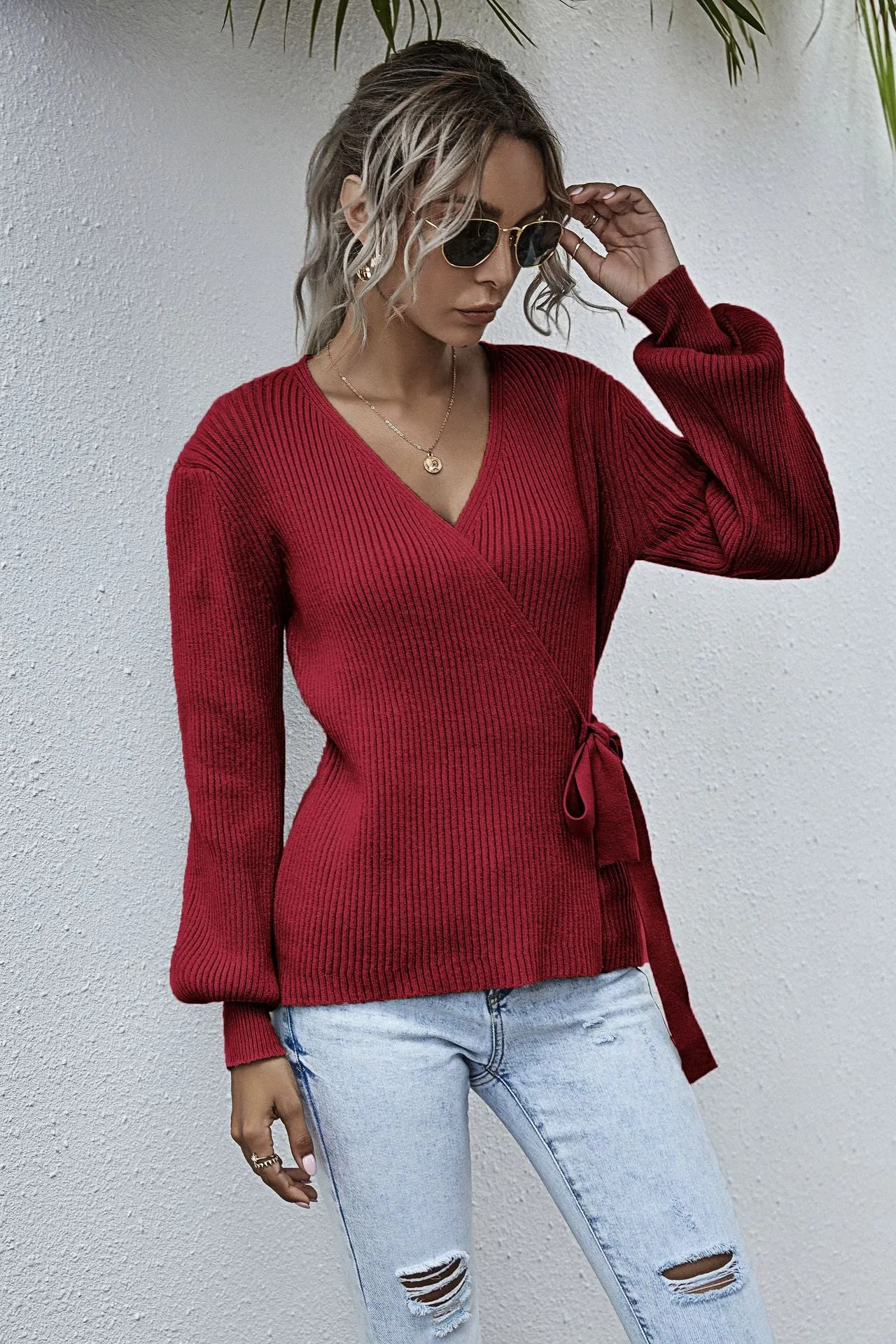 Lantern Sleeve Bow Tie V-neck Knit Sweaters Cardigans