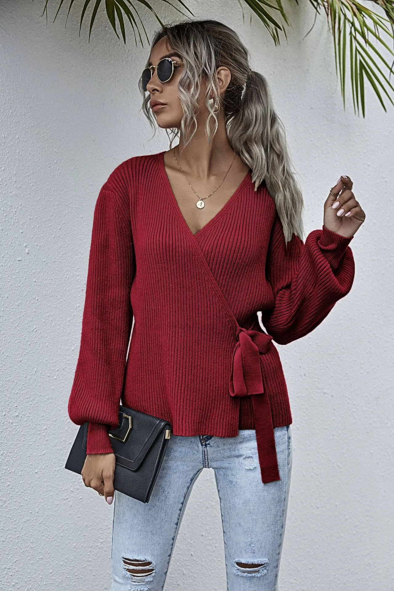 Lantern Sleeve Bow Tie V-neck Knit Sweaters Cardigans