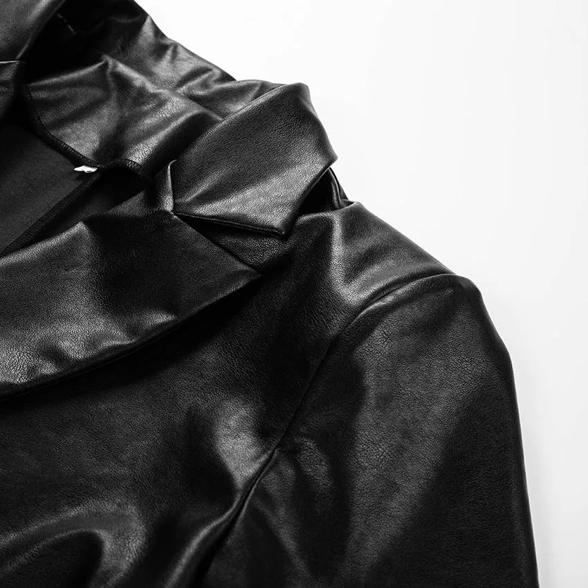 Lapel Double Breasted Leather Blazer Coat