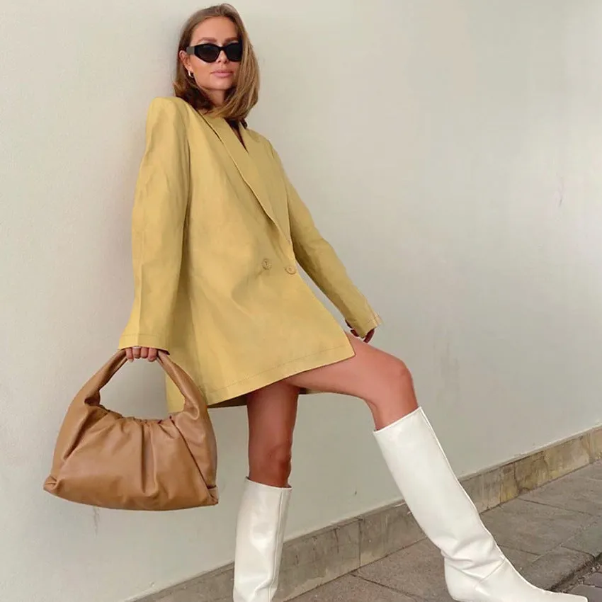 Lapel Double Breasted Leather Blazer Coat