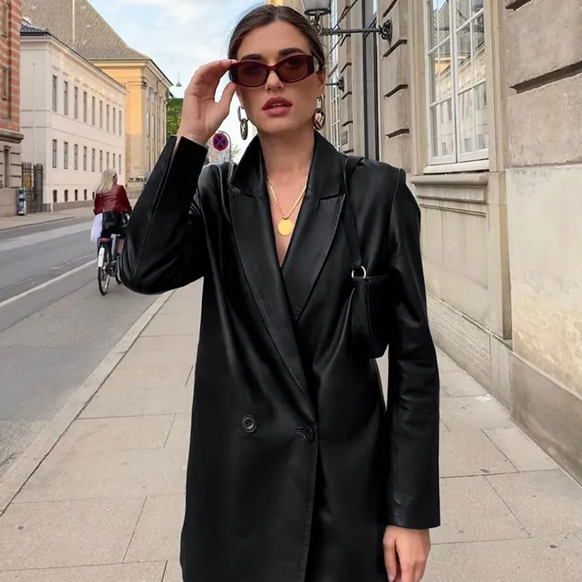 Lapel Double Breasted Leather Blazer Coat