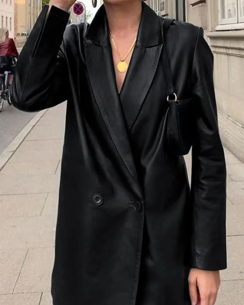 Lapel Double Breasted Leather Blazer Coat