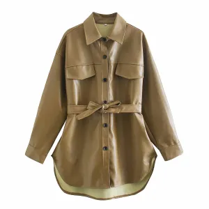 Lapel Single-breasted Lace-up Leather Cardigans Coat Outerwear