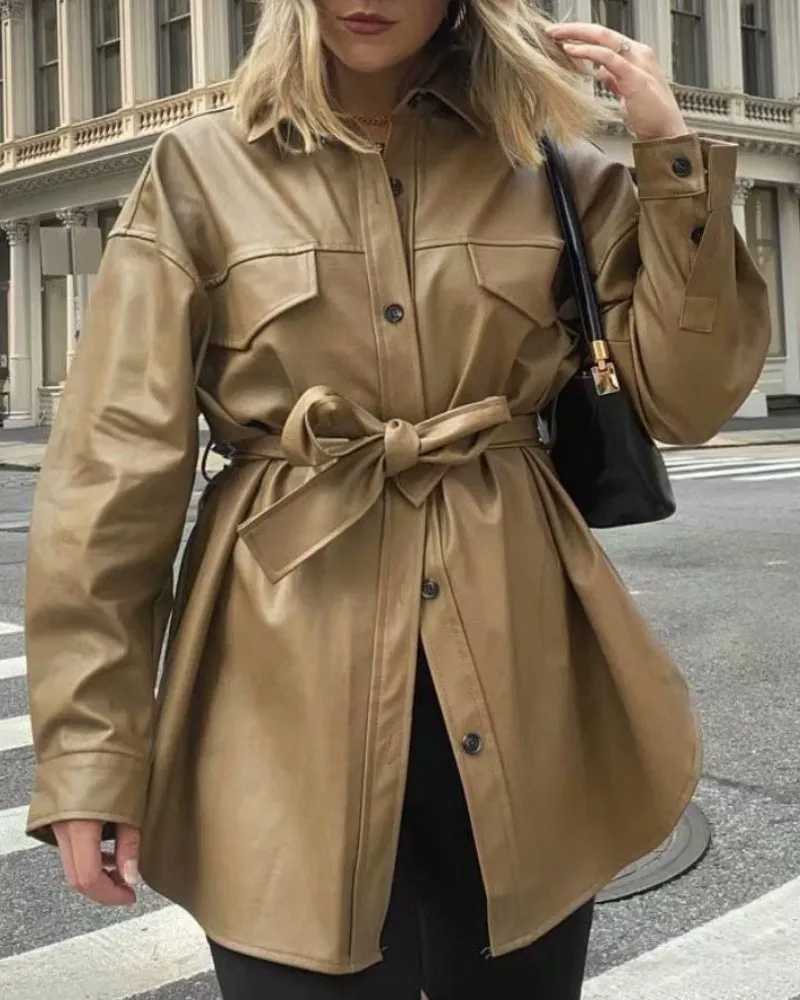 Lapel Single-breasted Lace-up Leather Cardigans Coat Outerwear