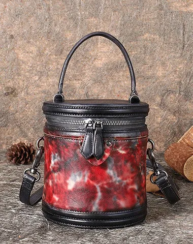 Leather Womens Bucket Handbag Barrel Shoulder Bag Crossbody Purse for Ladies