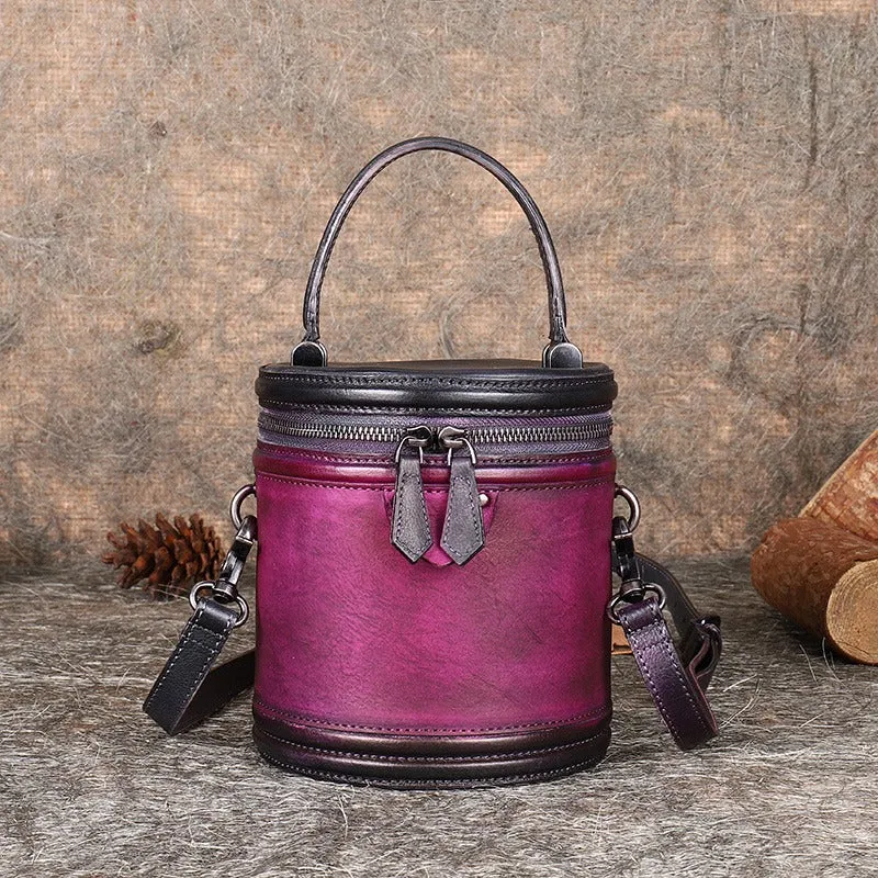 Leather Womens Bucket Handbag Barrel Shoulder Bag Crossbody Purse for Ladies