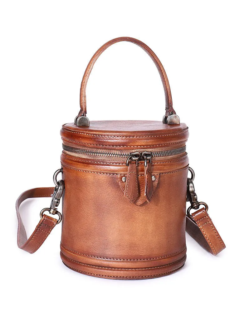 Leather Womens Bucket Handbag Barrel Shoulder Bag Crossbody Purse for Ladies