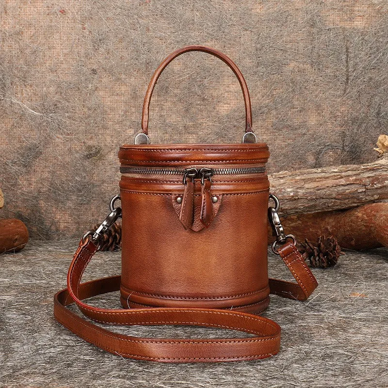Leather Womens Bucket Handbag Barrel Shoulder Bag Crossbody Purse for Ladies