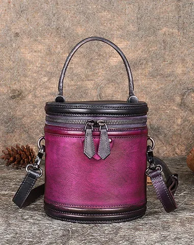 Leather Womens Bucket Handbag Barrel Shoulder Bag Crossbody Purse for Ladies