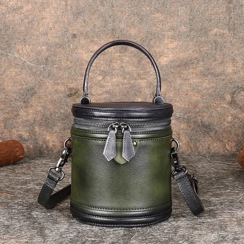 Leather Womens Bucket Handbag Barrel Shoulder Bag Crossbody Purse for Ladies