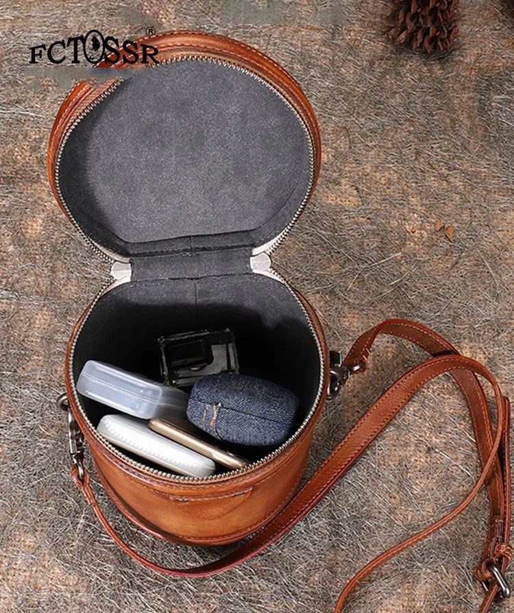 Leather Womens Bucket Handbag Barrel Shoulder Bag Crossbody Purse for Ladies