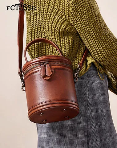 Leather Womens Bucket Handbag Barrel Shoulder Bag Crossbody Purse for Ladies