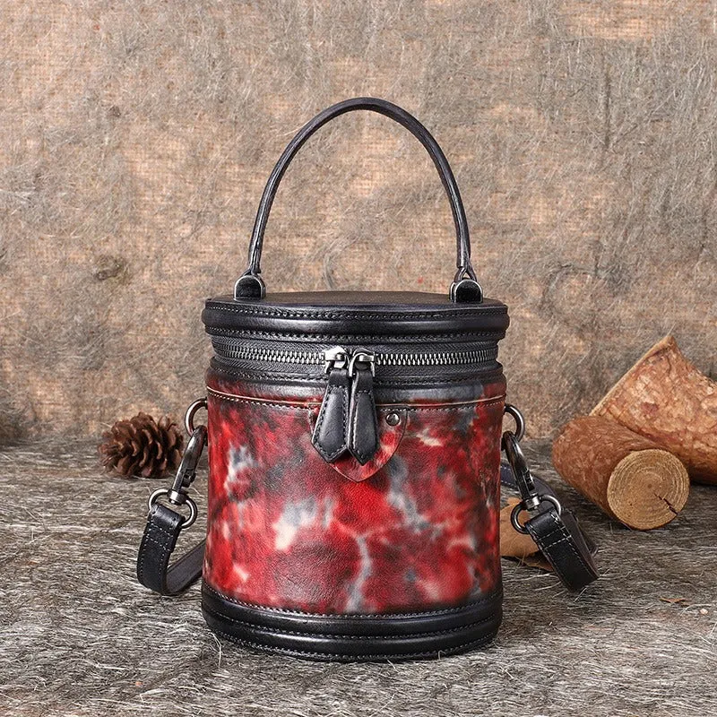 Leather Womens Bucket Handbag Barrel Shoulder Bag Crossbody Purse for Ladies