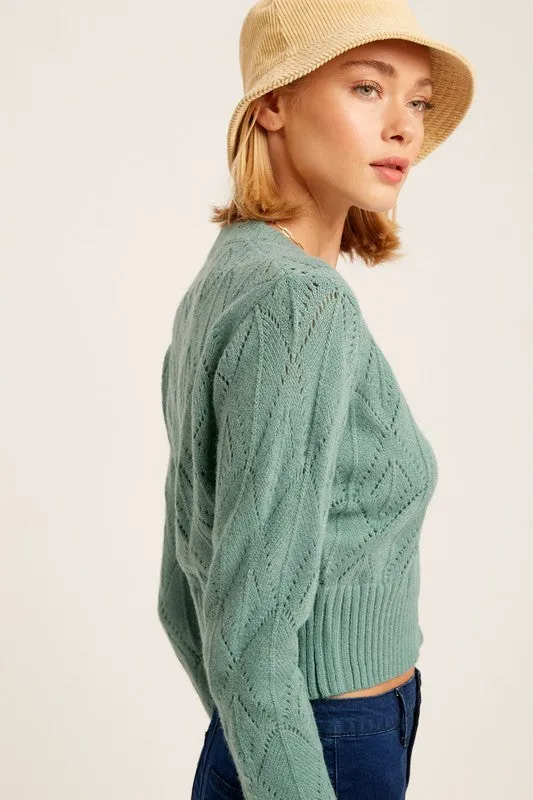 Listicle V-neck Scallop Edge Button Down Crop Knit Cardigan