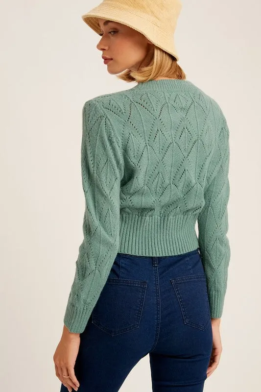 Listicle V-neck Scallop Edge Button Down Crop Knit Cardigan