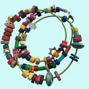 Long Star of David Hamsa & charms boho wrapped bracelet on a leather cord. One of a Kind.