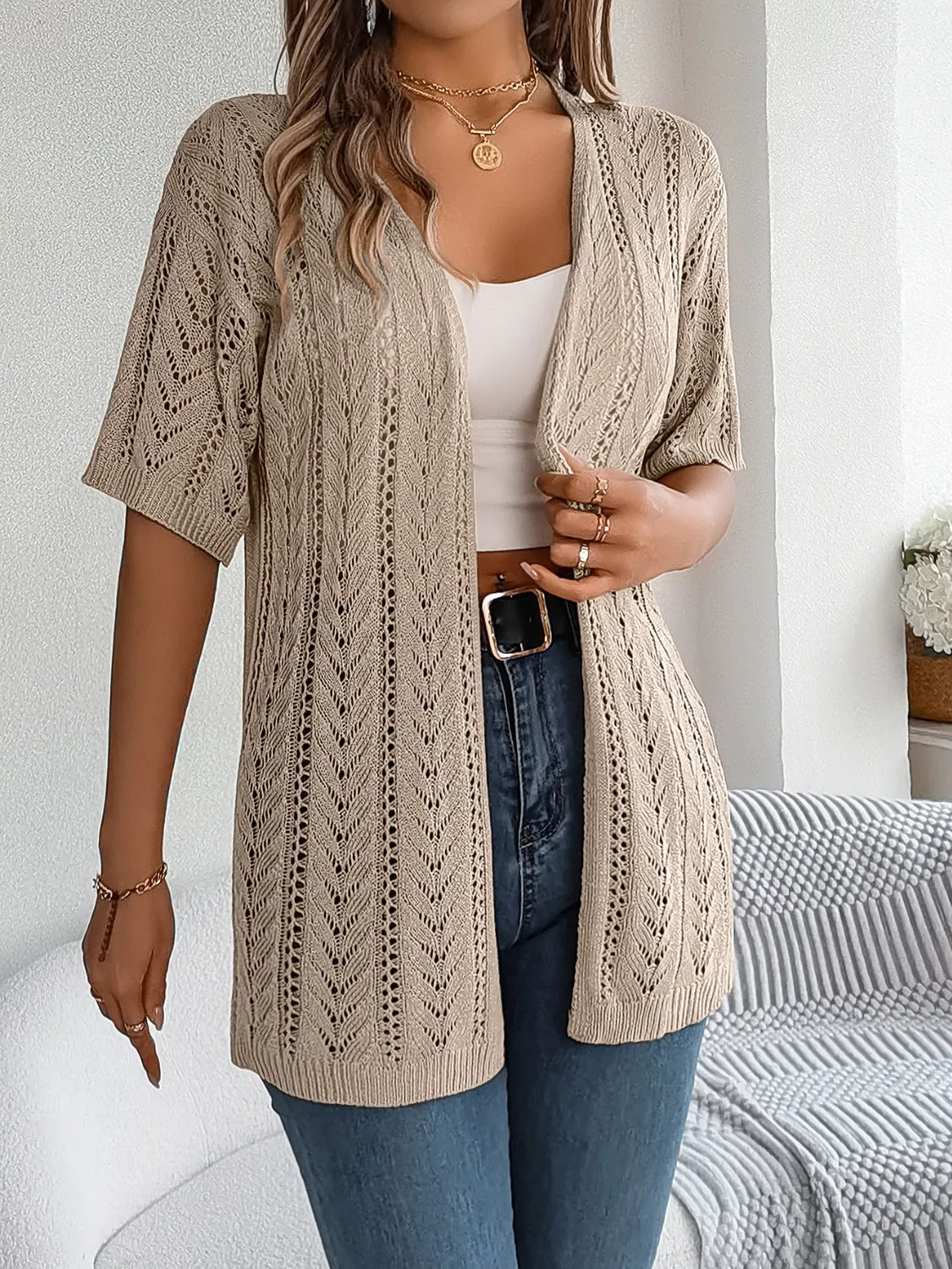 Lyla Openwork Open Front Half Sleeve Cardigan