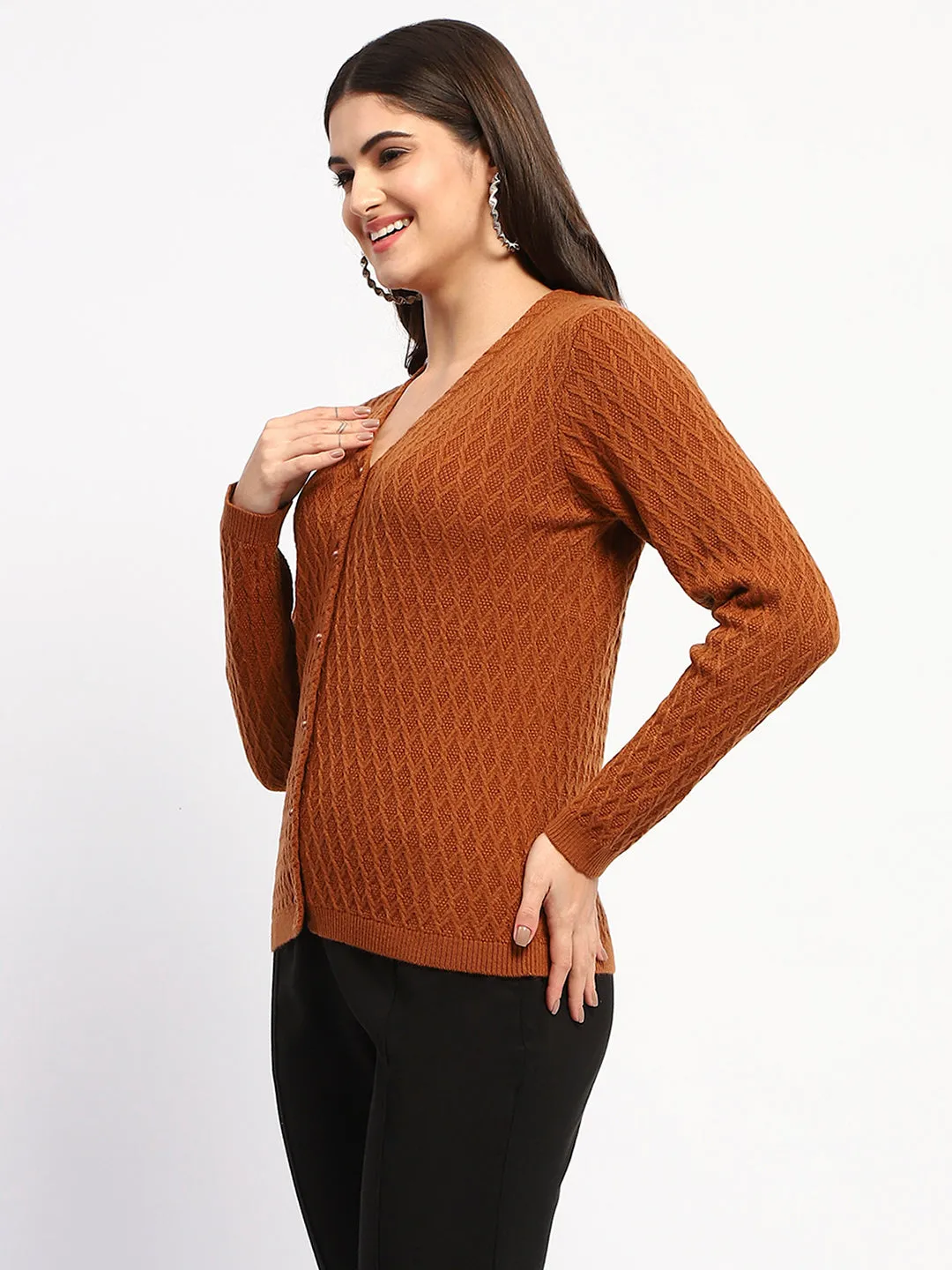 Madame Solid Tan Cable Knit Button Down Cardigan