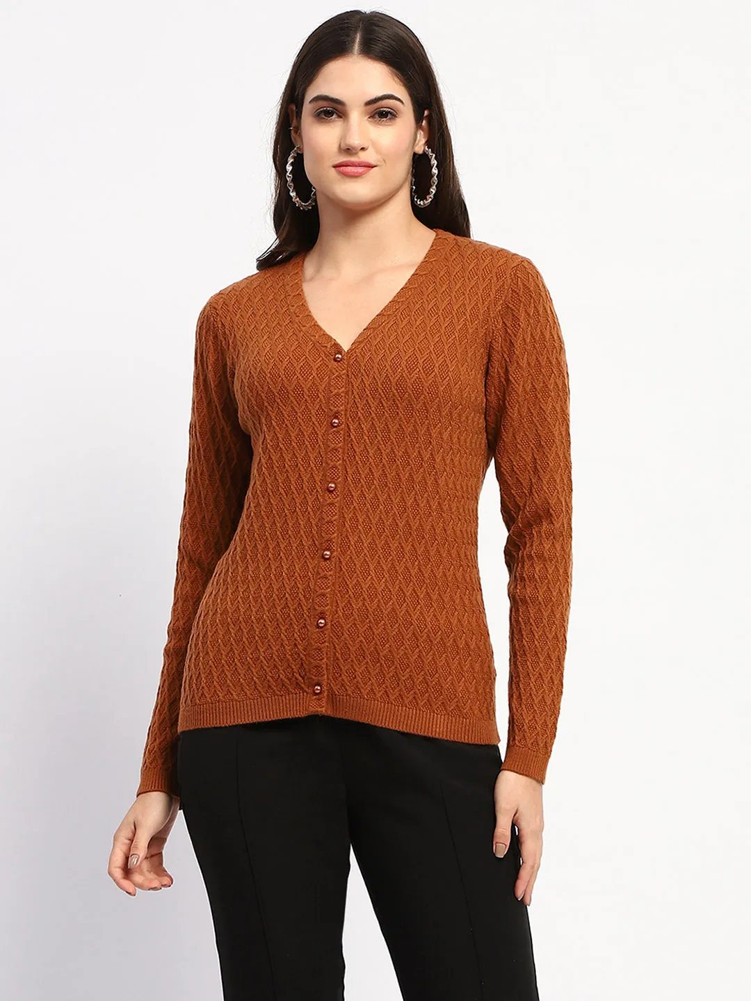Madame Solid Tan Cable Knit Button Down Cardigan