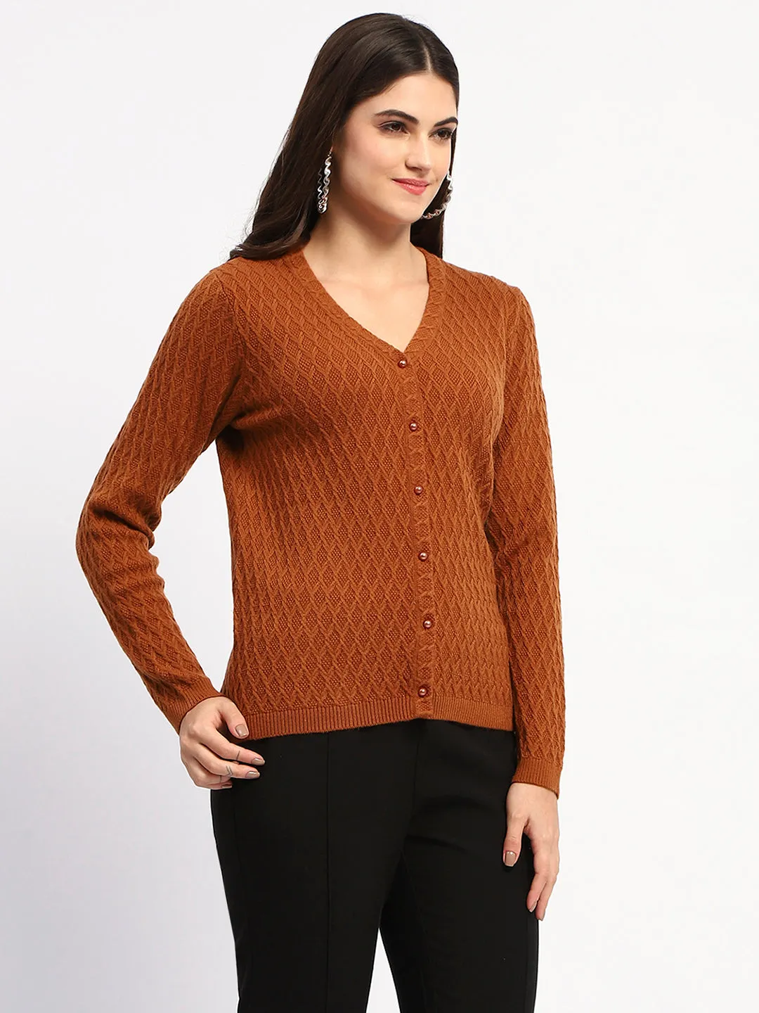 Madame Solid Tan Cable Knit Button Down Cardigan