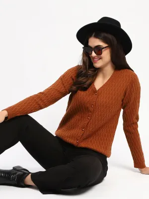 Madame Solid Tan Cable Knit Button Down Cardigan