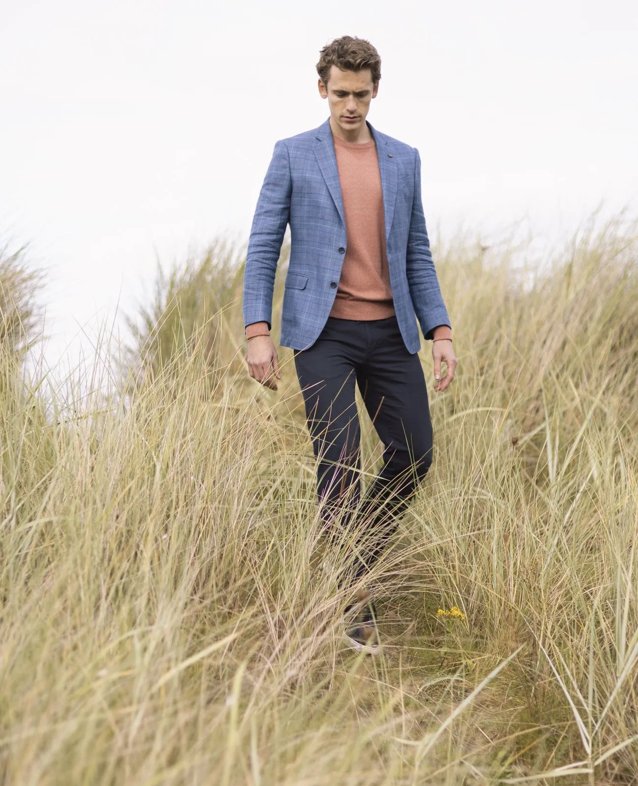 MAGEE Irish Linen Jacket - Mens Liffey - Blue With Tangerine, White & Navy Check