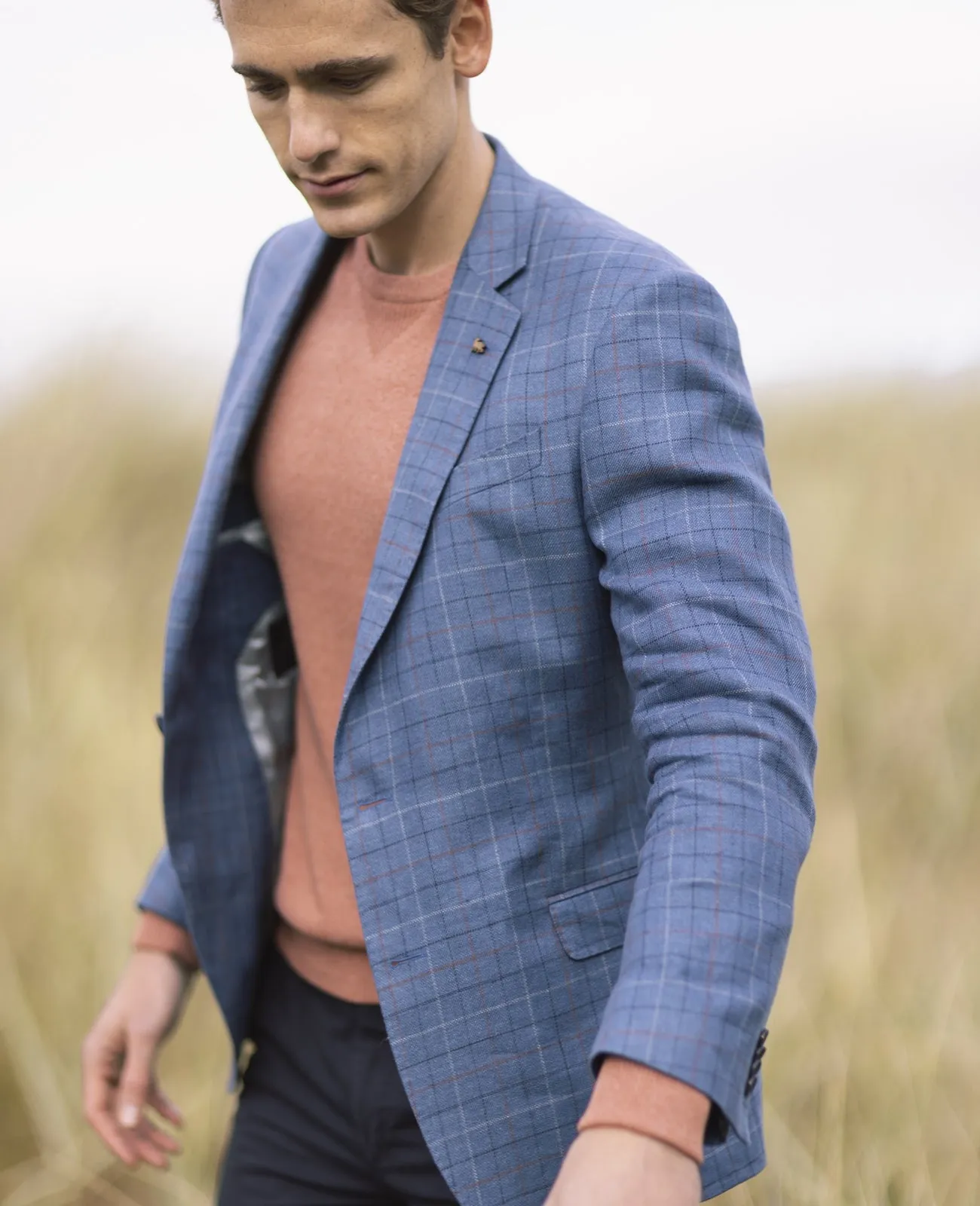 MAGEE Irish Linen Jacket - Mens Liffey - Blue With Tangerine, White & Navy Check