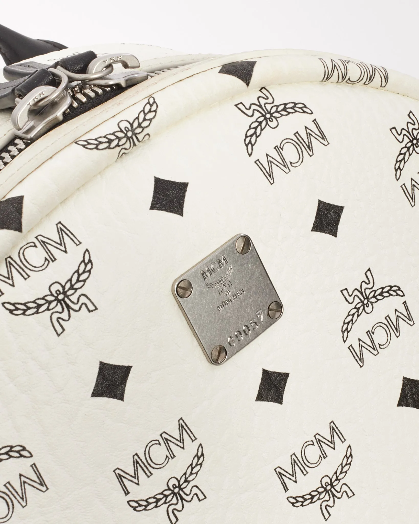 MCM White Leather Stark Visetos Medium Backpack