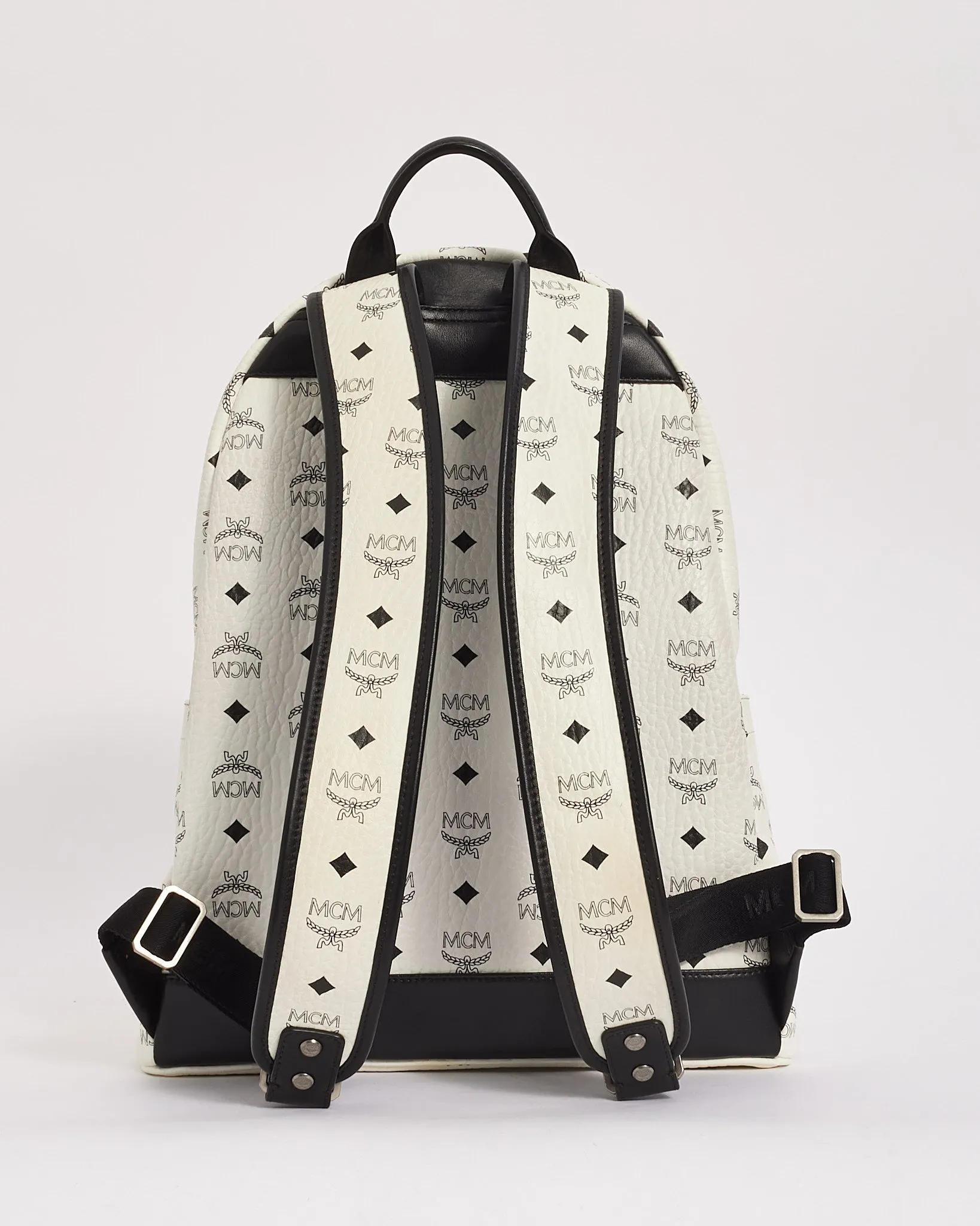 MCM White Leather Stark Visetos Medium Backpack