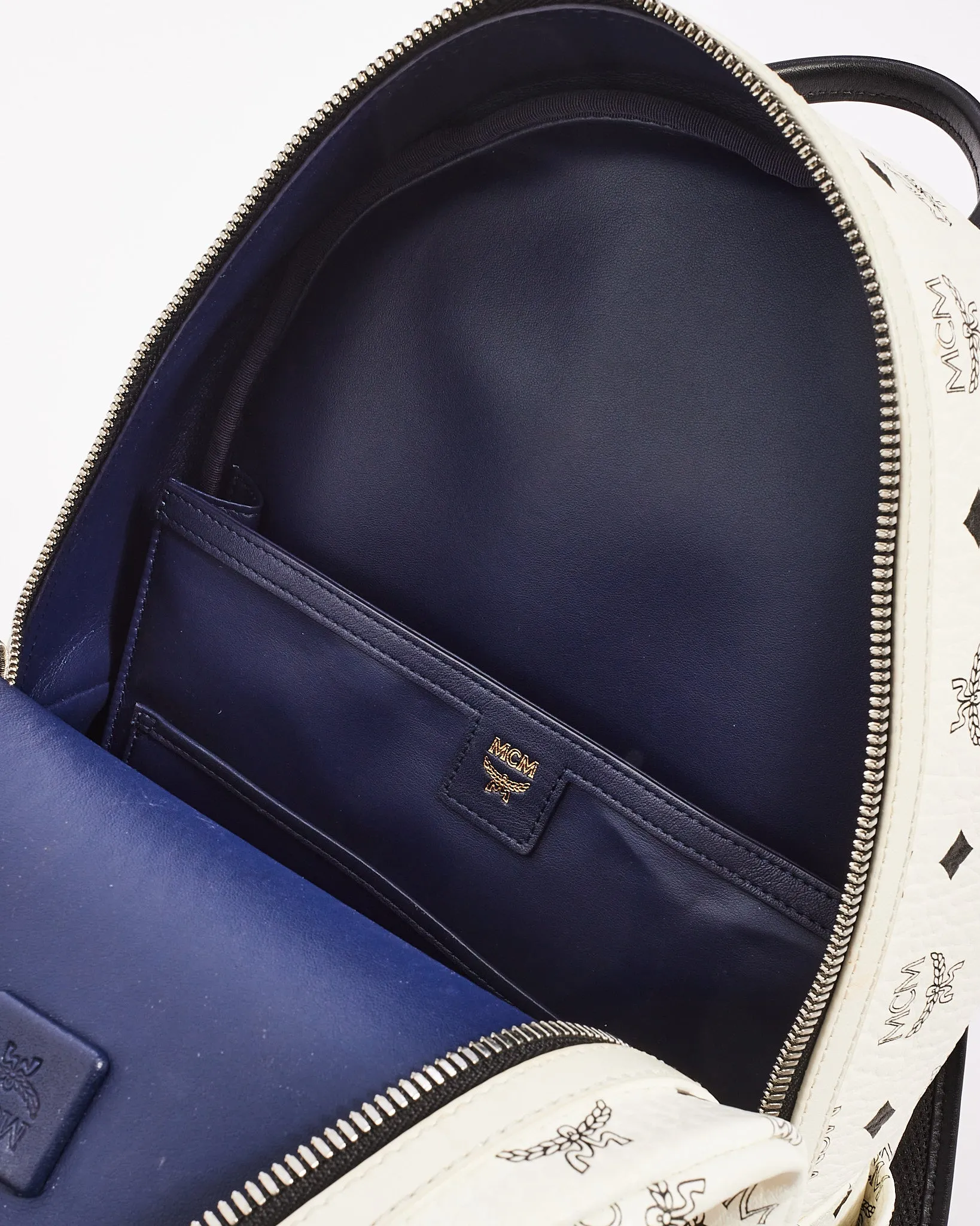 MCM White Leather Stark Visetos Medium Backpack