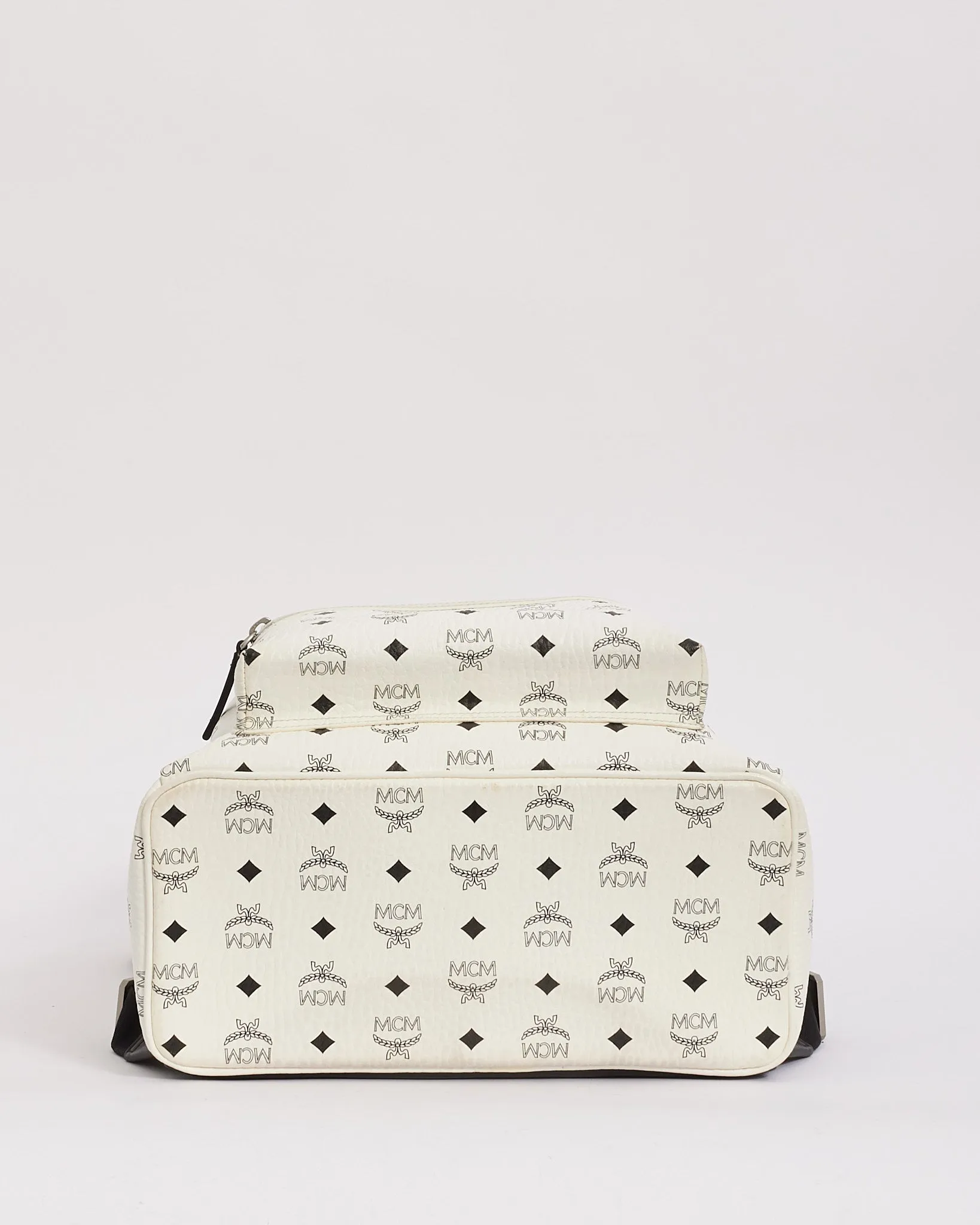 MCM White Leather Stark Visetos Medium Backpack