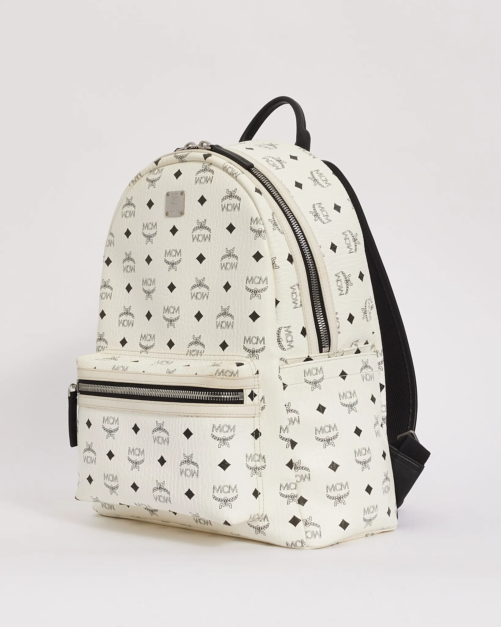 MCM White Leather Stark Visetos Medium Backpack
