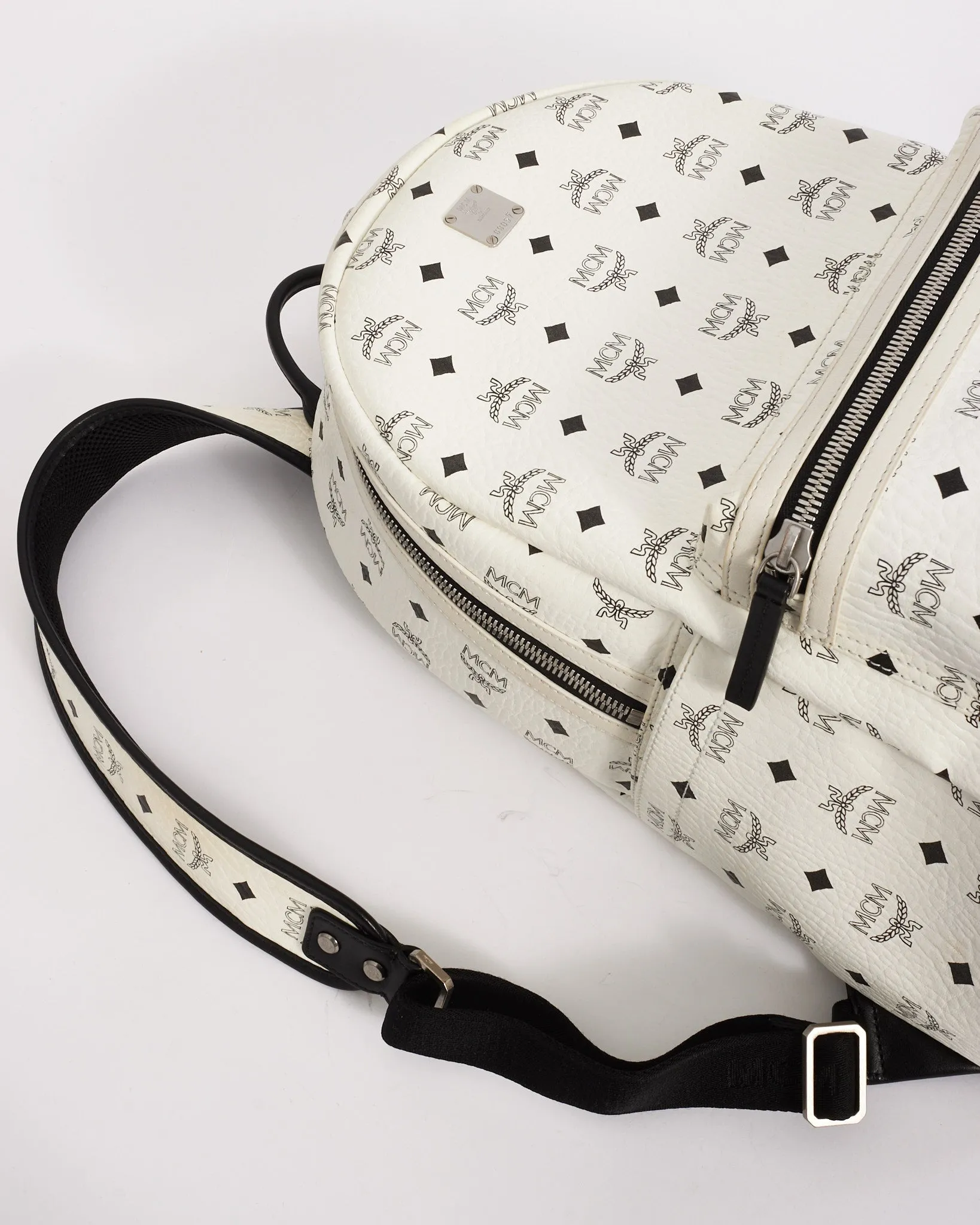MCM White Leather Stark Visetos Medium Backpack