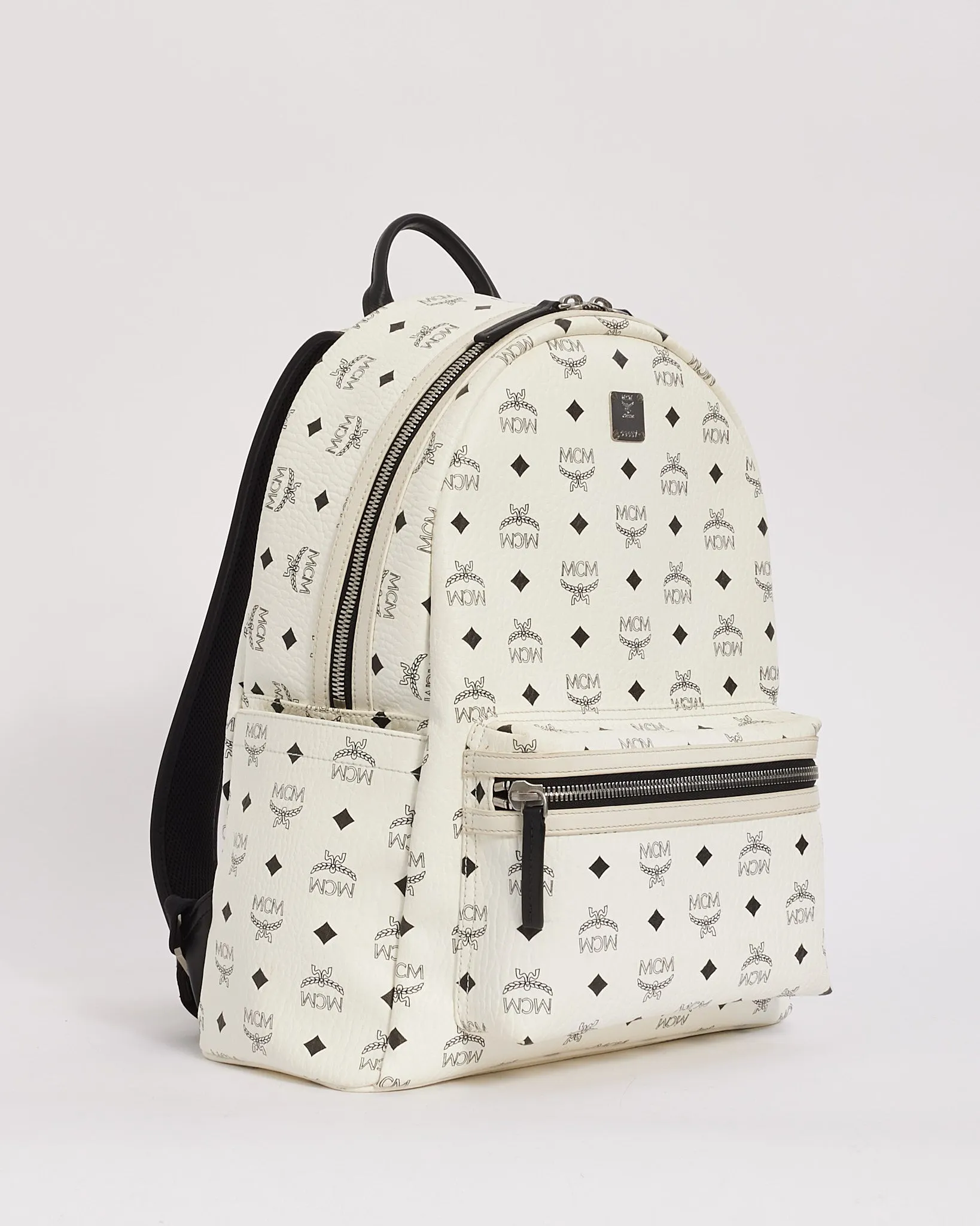 MCM White Leather Stark Visetos Medium Backpack