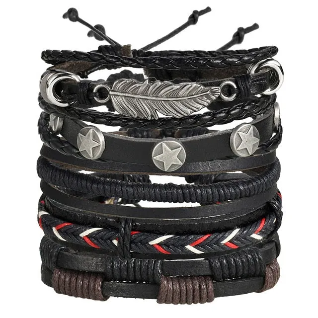 ME Vintage Leaf Feather Multilayer Leather Bracelet