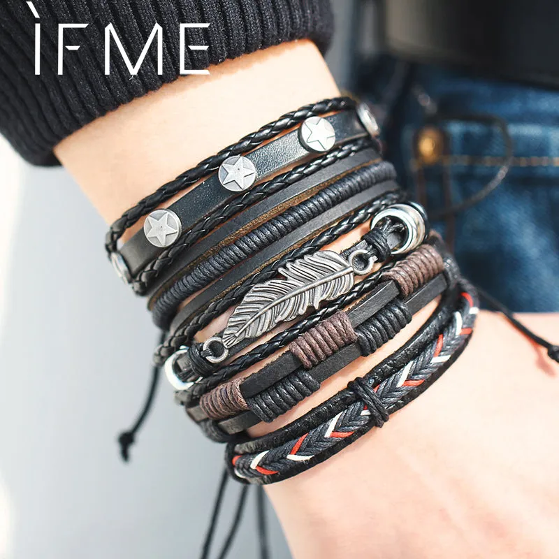 ME Vintage Leaf Feather Multilayer Leather Bracelet