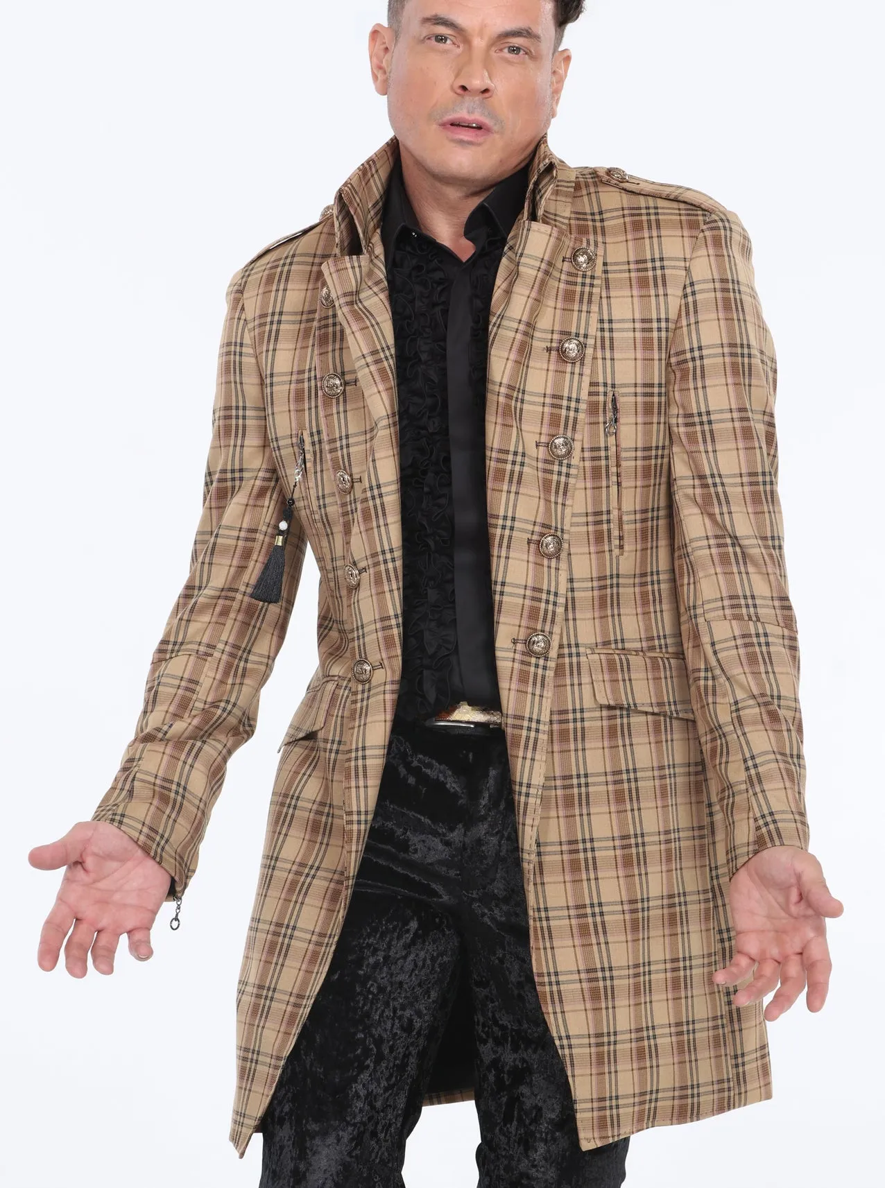 men long coat, plaid brown