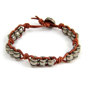Mens Silver Collared Barrel Beads Rust Leather Bracelet with Button Closure