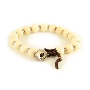 Mens White Bone Bead and Silver Tiny Disc Spacer Bead on Brown Leather Bracelet