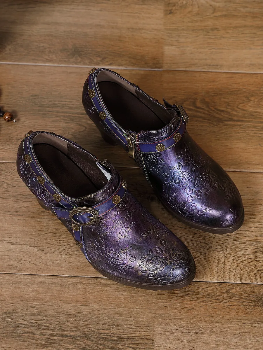 Metallic Violet Floral Embossed Leather Bootie
