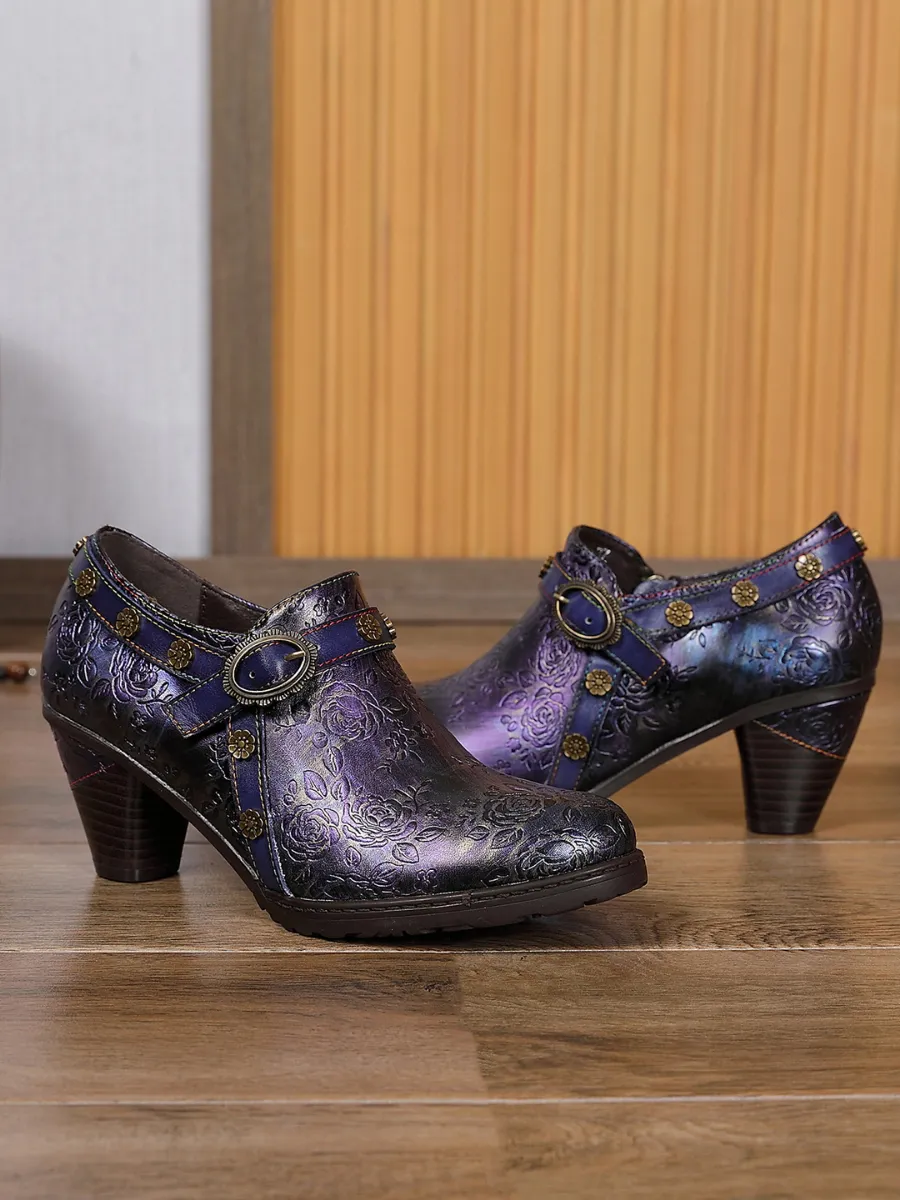 Metallic Violet Floral Embossed Leather Bootie