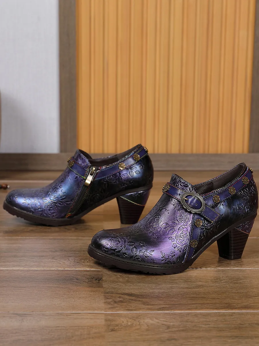 Metallic Violet Floral Embossed Leather Bootie