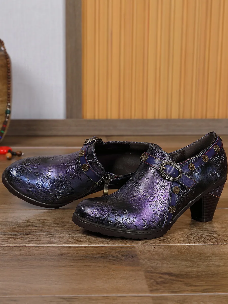 Metallic Violet Floral Embossed Leather Bootie