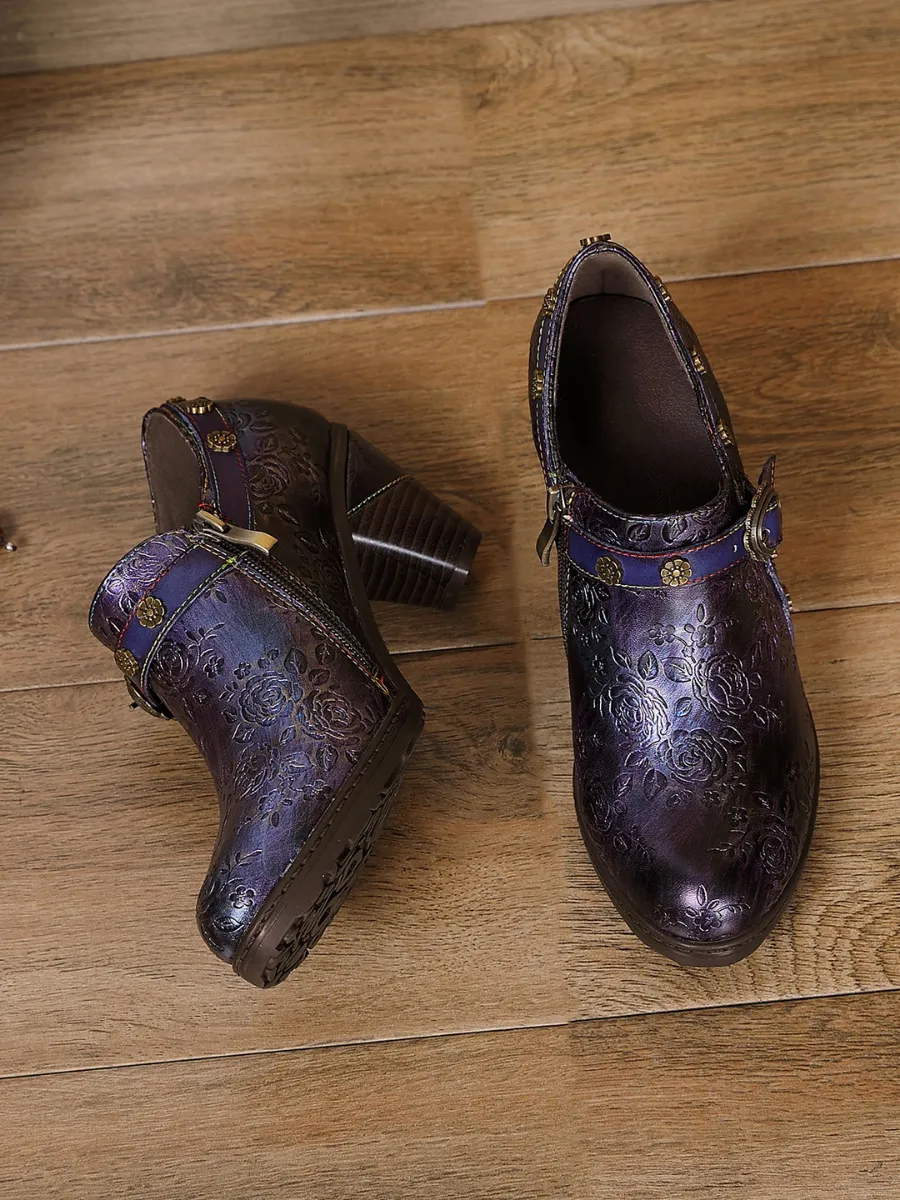 Metallic Violet Floral Embossed Leather Bootie