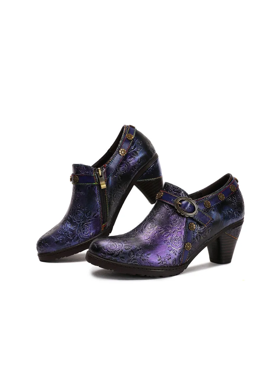 Metallic Violet Floral Embossed Leather Bootie