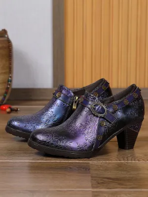 Metallic Violet Floral Embossed Leather Bootie