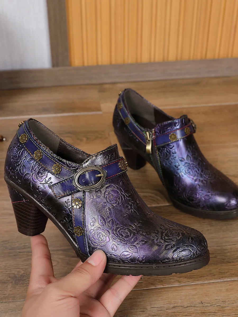 Metallic Violet Floral Embossed Leather Bootie