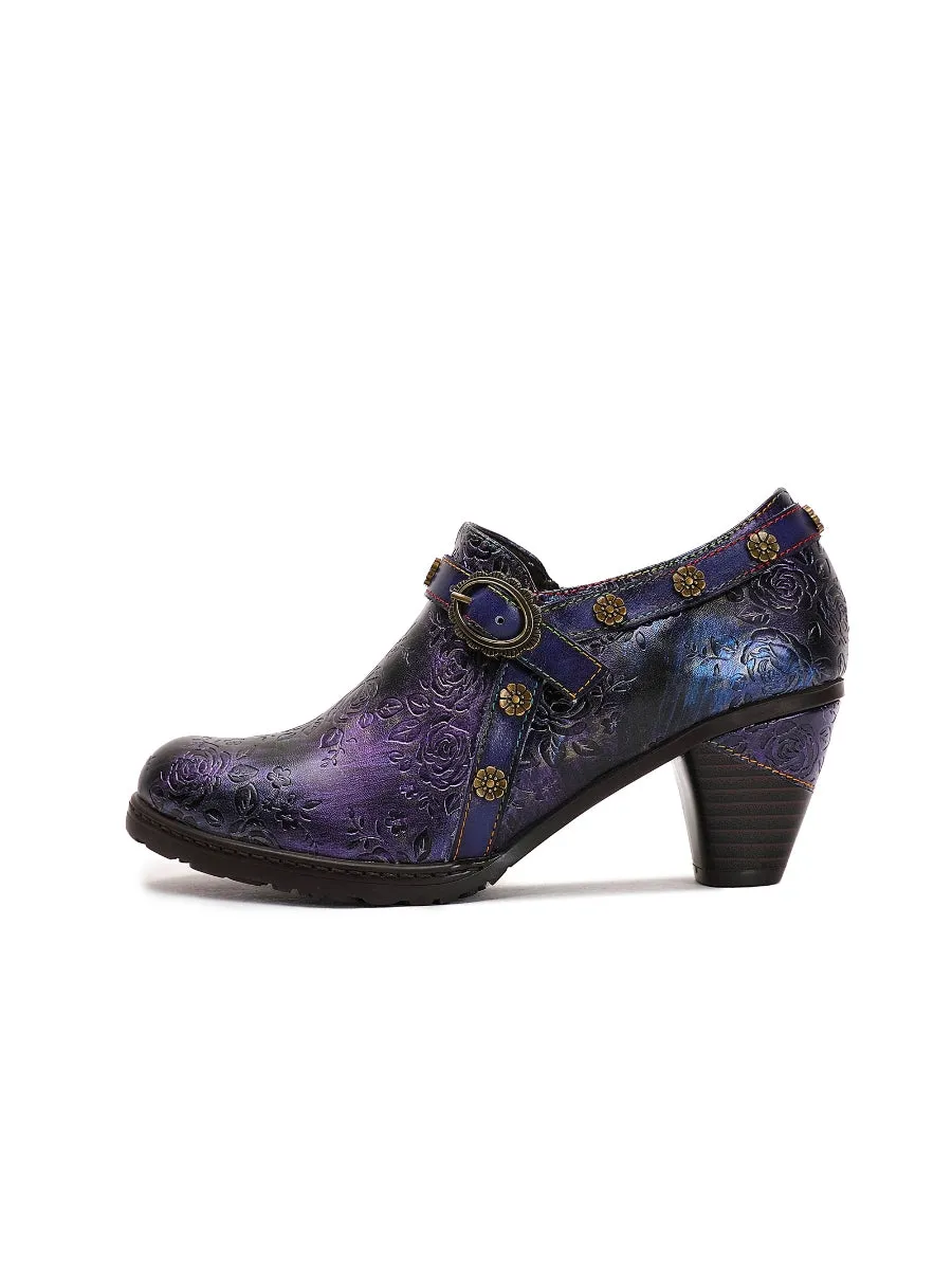 Metallic Violet Floral Embossed Leather Bootie