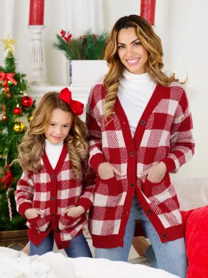 Mommy and Me Burgundy and White Checkered Oversized Cardigan