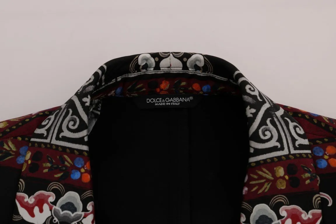 Multicolor Dragon Print Silk Slim Fit Blazer Jacket